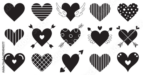 Decorative heart symbols. Love and romance vector icons. Filled shapes with arrows, wings, and patterns