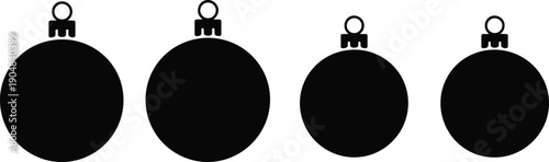 Black Christmas ornament ball silhouette set isolated on light background, festive holiday decoration icon collection design