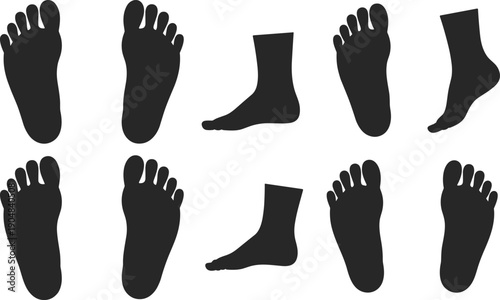 Vector, black, silhouette, illustration, set, of, various, human, bare, feet, footprints, and, side, profile, views, for, podiatry, anatomy, health, and, forensic, design, elements