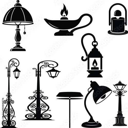 A collection of various lamp designs in black and white illustration