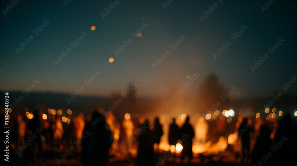 Fototapeta premium Qoyllur Rit'i, Silhouettes of worshippers gathered around ceremonial fire during Qoyllur Rit’i pilgrimage night ritual in remote high altitude Andes Peru