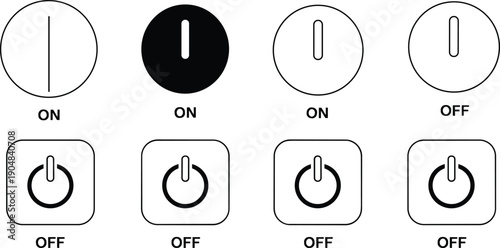 Minimal power toggle and on off button line icons set for user interface technology and device control design