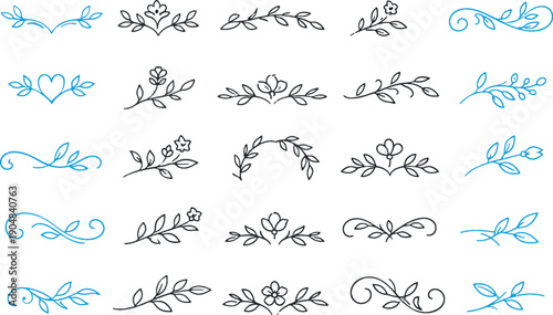 Decorative collection of geometric text dividers and hand drawn floral ornaments, minimalist line borders and botanical branch separators for wedding invitations and elegant stationery design