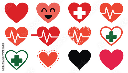 Red and pink medical heart symbols for cardiology applications health monitoring and healthcare presentations