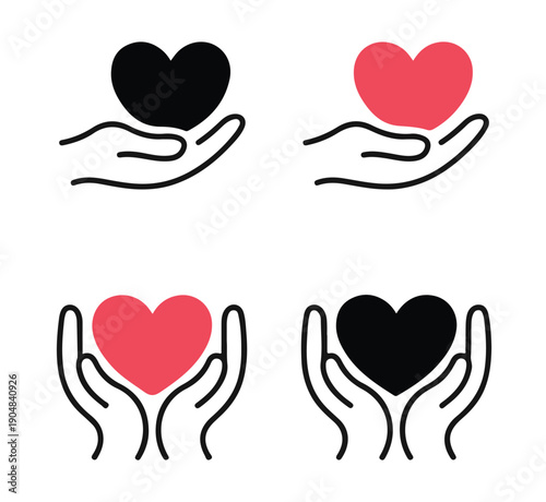 Set of icons with hearts in hands, heart on hands symbol. love, care, support, sharing, give and hope concept