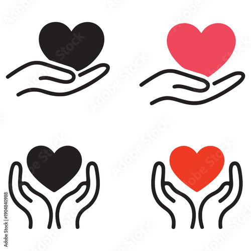 Set of icons with hearts in hands, heart on hands symbol. love, care, support, sharing, give and hope concept