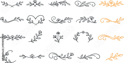 Hand drawn floral dividers set, botanical laurel wreaths and branches, decorative line borders for wedding invitation and logo design