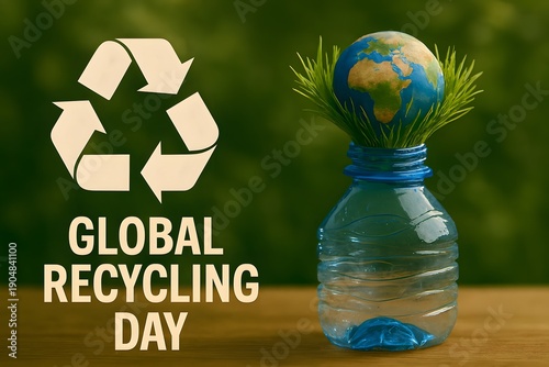 Global Recycling Day concept with Earth in plastic bottle and recycling symbol on green background