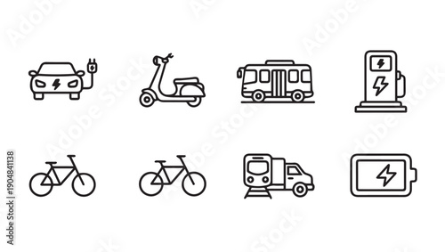 Electric Vehicle Icons: Car, Scooter, Bus, Train, Battery, Fuel Station, Bicycles