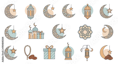 Islamic Ramadan Icons: Crescent Moon, Lanterns, Mosque, Stars, Gift, Rosary