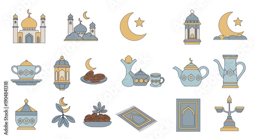 Islamic Icons Set: Mosques, Ramadan Lanterns, Crescent Moon, Dates, Prayer Mat, Tea Set