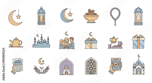 Islamic Icons Collection: Ramadan, Eid, Mosque, Moon, Lanterns, Dates, Prayer Beads, Tea