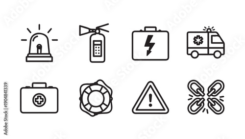 Emergency Icons Set: Siren, Extinguisher, First Aid, Ambulance, Warning, Lifebuoy, Safety Symbols