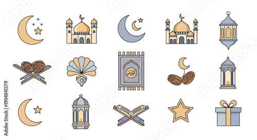 Ramadan Islamic Icons: Crescent Moon, Mosque, Dates, Lanterns, Quran, Gift Box