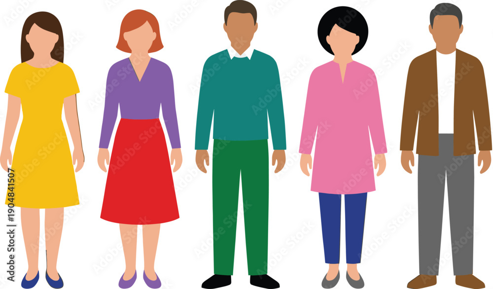 Fototapeta premium Diverse group of multiethnic professional people standing together, casual business team flat vector illustration isolated on white background