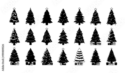 Christmas tree icon set with decorated festive pine trees flat vector collection