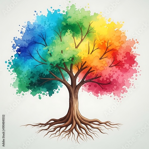 Abstract vector illustration of a seasonal tree design featuring colorful leaves and floral branches to symbolize nature and life throughout autumn and spring