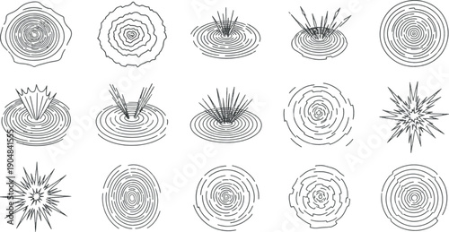 Abstract water ripple and splash icons set, hand-drawn circular liquid drop waves and concentric ring motion symbols vector collection.