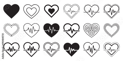 Heart shapes incorporating heartbeat or EKG lines, medical and love symbols