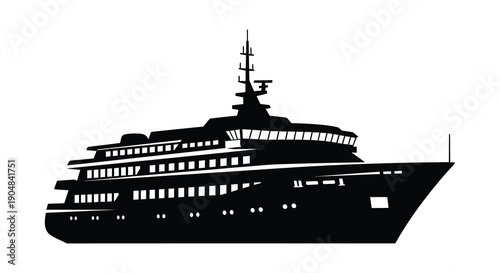 A striking black and white silhouette depicts a large luxurious cruise ship at sea conveying travel and leisure