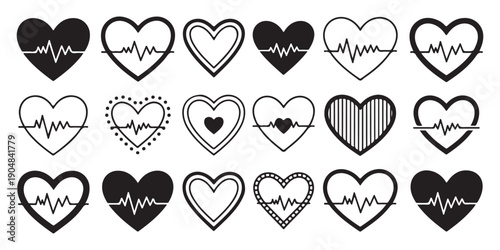 Medical heart rate icons collection set of heartbeat symbols with pulse line for healthcare logo design
