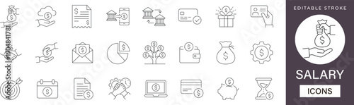 Salary Icons Set. Includes Payroll, Wage, Payment, Income, Bonus, and Tax Symbols