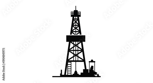 A stark black silhouette depicts an oil derrick structure against a plain white background symbolizing energy high quality