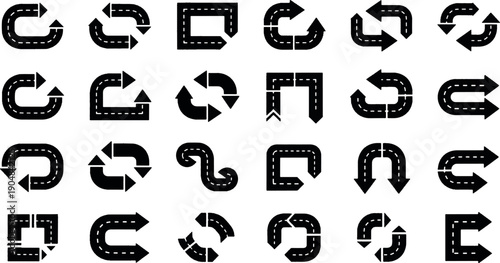 Set of directional road arrow icons with dashed lines, navigation and traffic wayfinding symbols, highway asphalt path indicators vector collection.