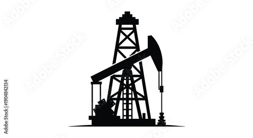 A stark silhouette depicts an oil pump jack commonly known as a nodding donkey against a white background