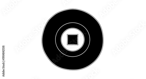 Geometric black circle casting shadow on white background with cloth-like texture, isolated design featuring concentric shapes and minimalist style