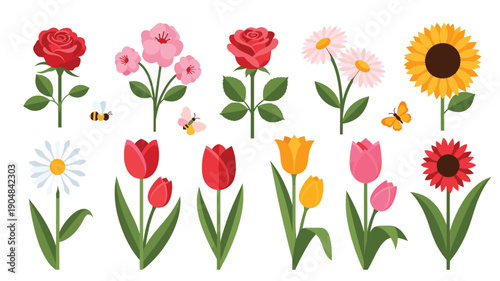 Colorful illustration of various flowers and butterflies in a garden setting