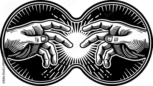 Vintage vector illustration of two hands reaching each other, classic creation concept