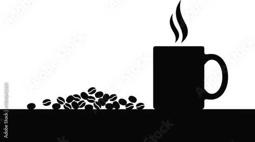 Coffee mug silhouette icon with steam and beans symbolizing hot beverage, café culture, morning routine, and energy themes