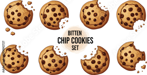 Set of delicious chocolate chip cookies with bite marks and crumbs isolated on a white background for bakery dessert and snack food graphic design