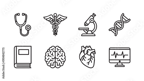 Medical Icons Set: Stethoscope, Caduceus, Microscope, DNA, Book, Brain, Heart, Monitor