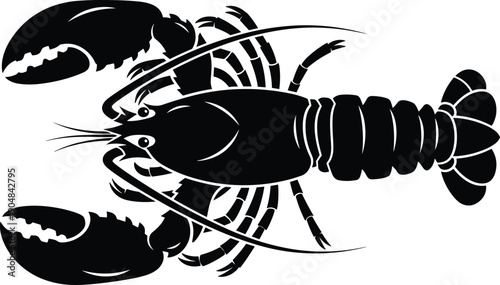 Black and white lobster silhouette illustration showing claws, antennae, segmented body, and tail, ideal for seafood design, culinary artwork, marine biology, and educational vector projects
