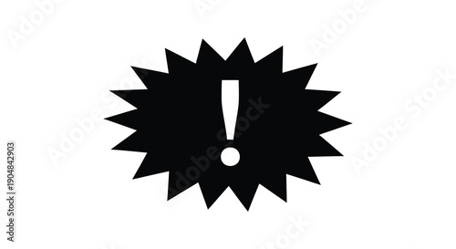 A stark black and white image depicts an exclamation point within a spiky starburst shaped black silhouette high quality
