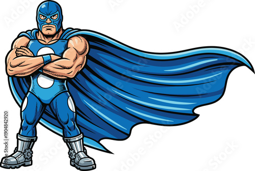 Powerful cartoon superhero standing with crossed arms, muscular masked hero wearing blue costume and flowing cape, comic style vector isolated on white background