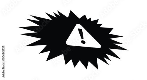 A stark black and white image depicts a warning sign within a burst signifying potential danger or caution high quality