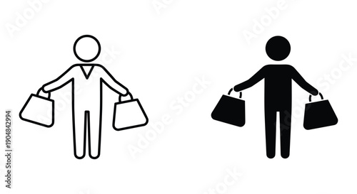 Simple black and white illustration of two shoppers with bags, symbolizing retail and consumerism