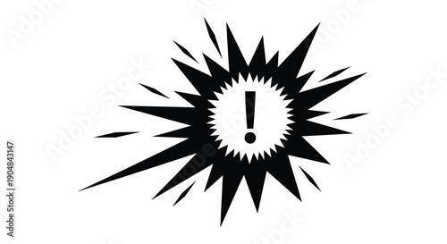 A striking black and white image depicts an explosion or burst with a central exclamation point high quality