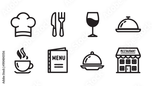 Restaurant Icons: Chef Hat, Cutlery, Wine Glass, Coffee, Menu, Food Cloche, Building - Stock Media