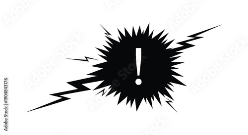 A stark black and white image displays an explosion like burst with a prominent exclamation mark at its center
