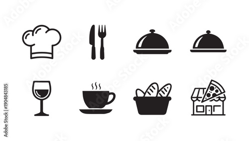 Restaurant Icons Set: Chef Hat, Cutlery, Cloches, Wine Glass, Coffee, Bread, Pizza Shop