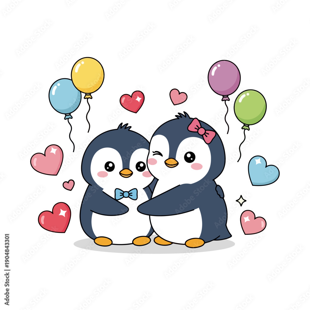 Fototapeta premium Two cute penguins share a tender moment with hearts and balloons around them.