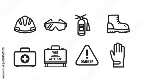 Safety Gear Icons: Hard Hat, Goggles, Fire Extinguisher, Boot, First Aid, Wet Floor, Danger Sign, Glove