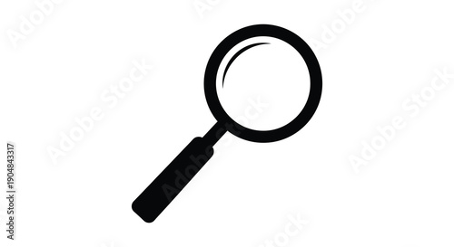 A simple black silhouette of a magnifying glass is displayed on a stark white background suggesting investigation