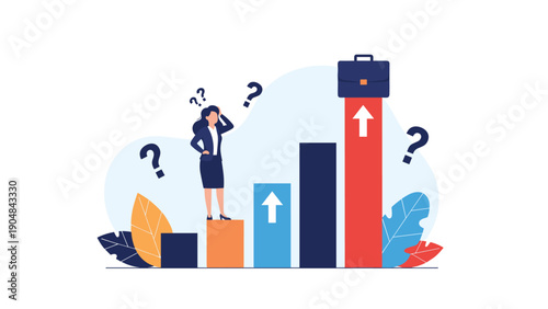 Confused businesswoman stands on a colorful bar chart while looking at floating question marks and aiming for career success.