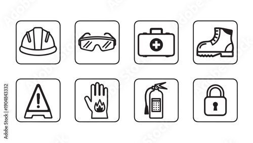 Safety Equipment Icons: Hard Hat, Goggles, First Aid, Boot, Warning, Gloves, Extinguisher, Lock