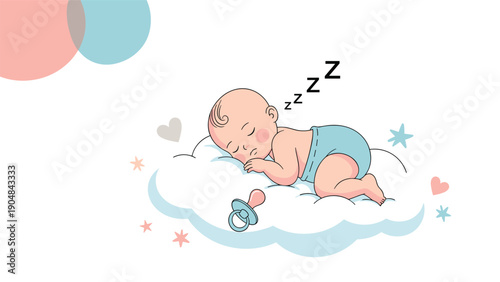 Adorable infant sleeps peacefully on a soft white cloud surrounded by twinkling stars and colorful floating circles in the sky.